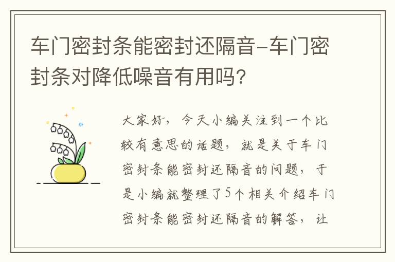 车门密封条能密封还隔音-车门密封条对降低噪音有用吗?